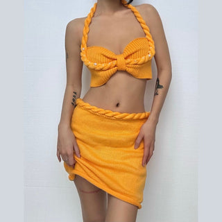 Halter knitted lace up beaded zip up mini skirt set