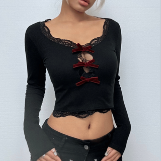 Long sleeve lace hem bowknot crop top