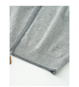Striped two-way zip-up hooded knit sweater