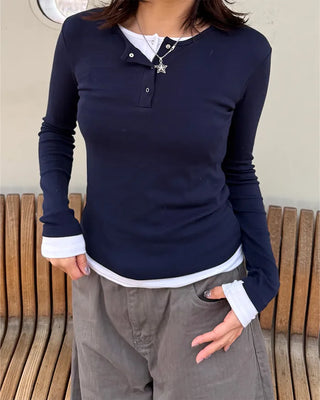 Layered Button Long T-Shirt