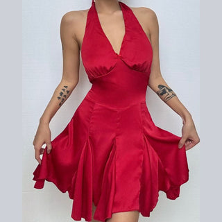 Halter self tie deep v neck bowknot mini dress