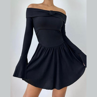 Flower applique off shoulder long flared sleeve slit mini dress