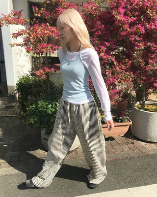 Striped pants with string waistband