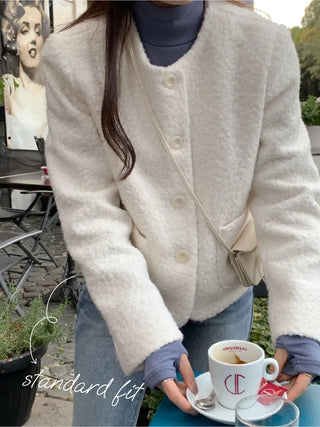 Cropped short collarless tweed boucle jacket