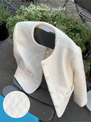 Cropped short collarless tweed boucle jacket