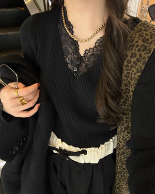 V-neck lace-point knit
