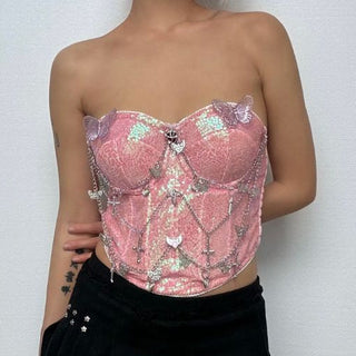 Glitter metal chain butterfly applique tube top
