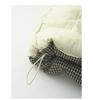 Elastic waistband check pattern color-block down jacket