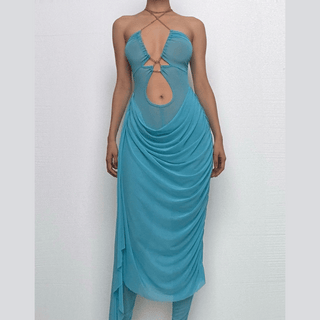 Metal chain halter ruched sheer mesh hollow out cut out maxi dress