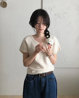 [] Slimming V-neck raglan short-sleeved knit top