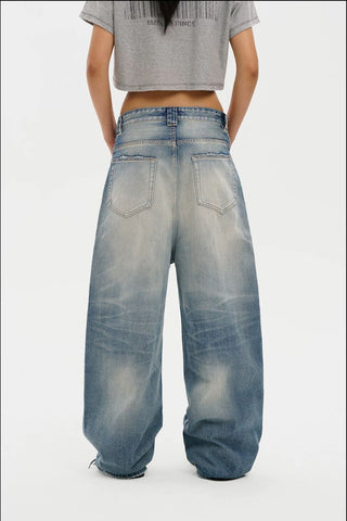 [MASONPRINCE] Curved Cut Washed Denim Wide Pants