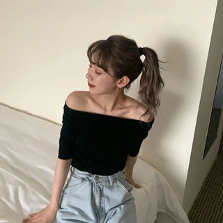 Shirred open shoulder T-shirt
