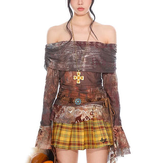 Long sleeve mesh print off shoulder ruched top