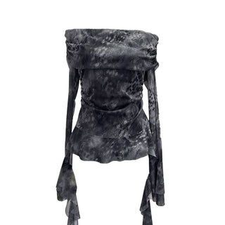 Long sleeve mesh print off shoulder ruched top