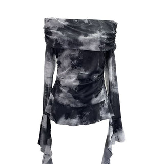 Long sleeve mesh print off shoulder ruched top