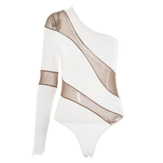 Irregular one shoulder mesh button bodysuit