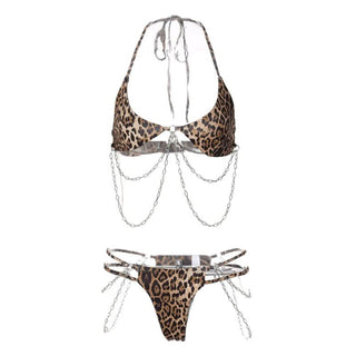 Halter self tie leopard print u neck metal chain pant set