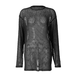 Long sleeve crewneck hollow out see through cut out top