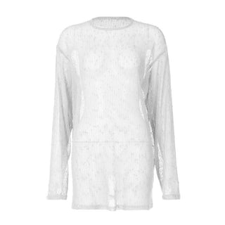 Long sleeve crewneck hollow out see through cut out top