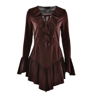 Long flared sleeve satin self tie ruffle ruched mini dress