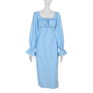 Long flared sleeve flower print self tie maxi dress