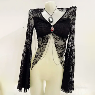 Long sleeve lace metal chain top