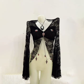 Long sleeve lace metal chain top