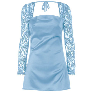 Long sleeve lace square neck self tie satin mini dress
