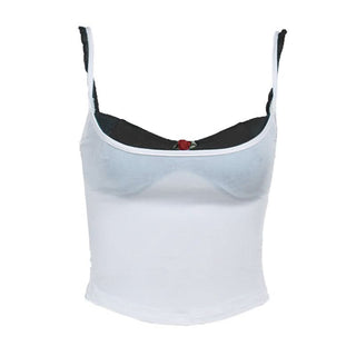 V neck flower applique backless contrast cami top