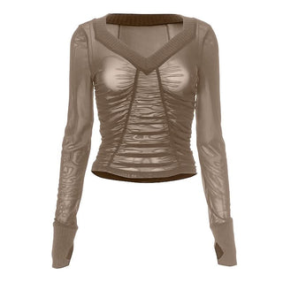 Long sleeve ruched mesh v neck gloves top