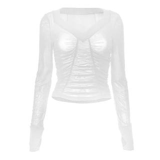 Long sleeve ruched mesh v neck gloves top