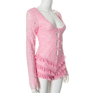 Long sleeve hollow out lace ruffle bowknot romper