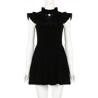 Ruffle bowknot cap sleeve zip-up velvet mini dress