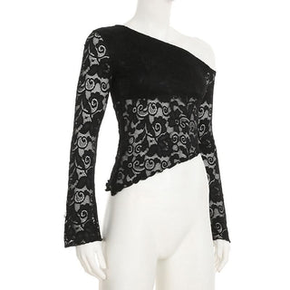 Irregular long sleeve lace one shoulder solid top