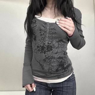 Long sleeve ribbed print patchwork top