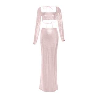 Long sleeve square neck self tie plaid maxi skirt set