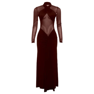 Mesh long sleeve ruched solid maxi dress