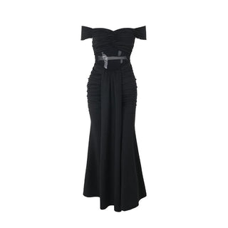 Off shoulder mesh patchwork ruched maxi dress