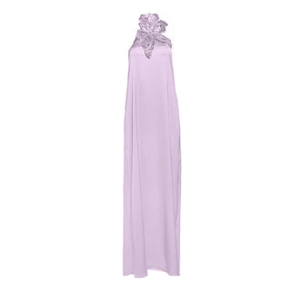 Halter glitter flower applique self tie maxi dress