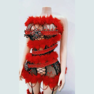 Hollow out fluffy lace beaded cut out mini dress