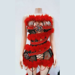 Hollow out fluffy lace beaded cut out mini dress