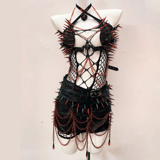 Hollow out cross front rivet applique mini skirt set