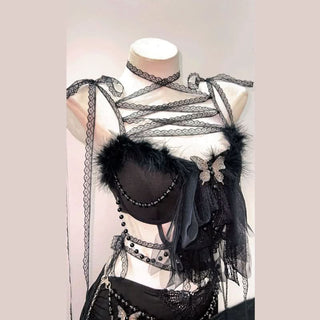 Feather butterfly applique ruched self tie mini skirt set