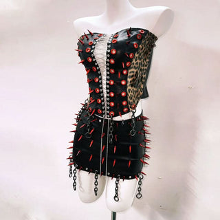 Lace up metal chain PU leather rivet applique mini skirt set