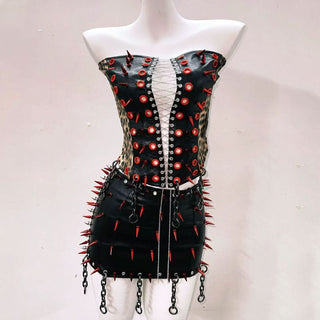 Lace up metal chain PU leather rivet applique mini skirt set