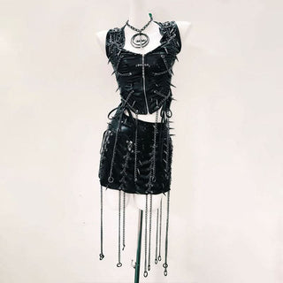 Zip-up v neck metal chain PU leather ruched mini skirt set