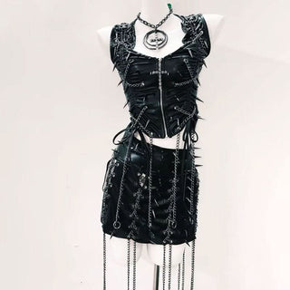 Zip-up v neck metal chain PU leather ruched mini skirt set