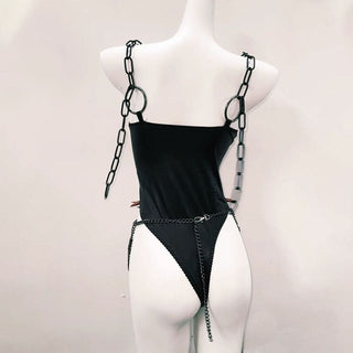 O ring metal chainv neck rivet applique bodysuit