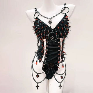 O ring metal chainv neck rivet applique bodysuit