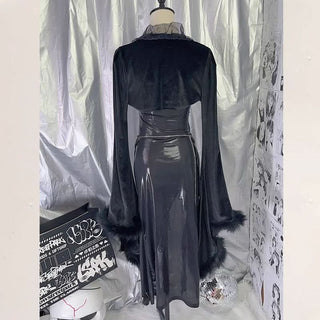 Long sleeve fluffy irregular rivet applique mini dress